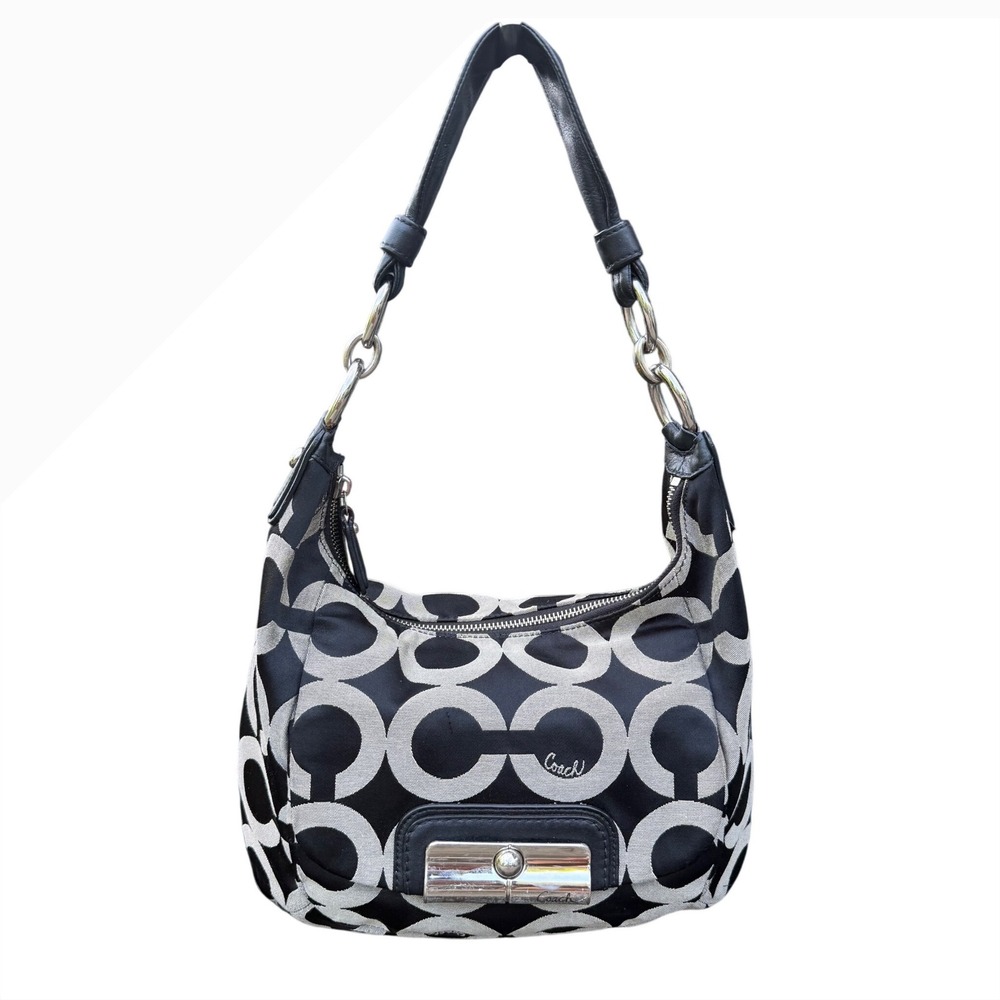 COACH Kristin Op Art Sateen Hobo Bag, Black and Gray Monogram, Shoulder/Hand Bag